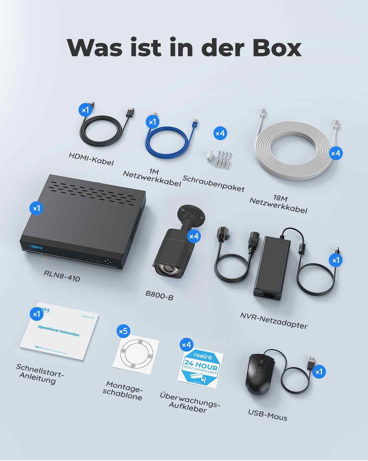 4K PoE Außen Set, 8CH NVR 2TB, 4x 8MP IP, Personen und Fahrzeugerkennung, 24/7 Innen/Außen, RLK8 800B4 Schwarz