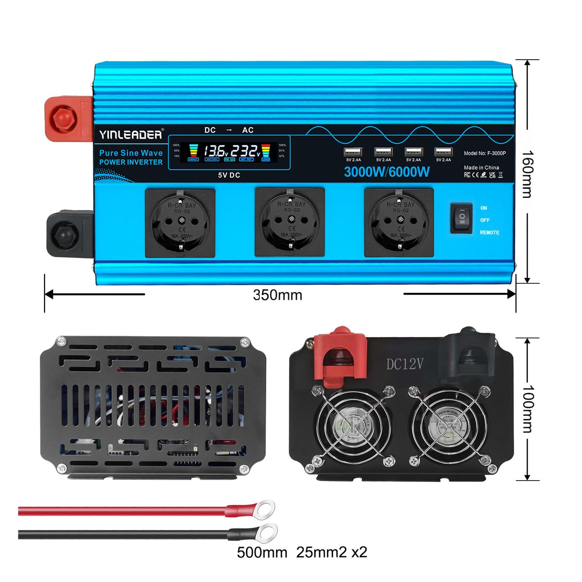 Reiner Sinus Wechselrichter Spannungswandler 3000W 6000W 12V 230V 3 EU Steckdosen 4 USB LCD Spannungsanzeige