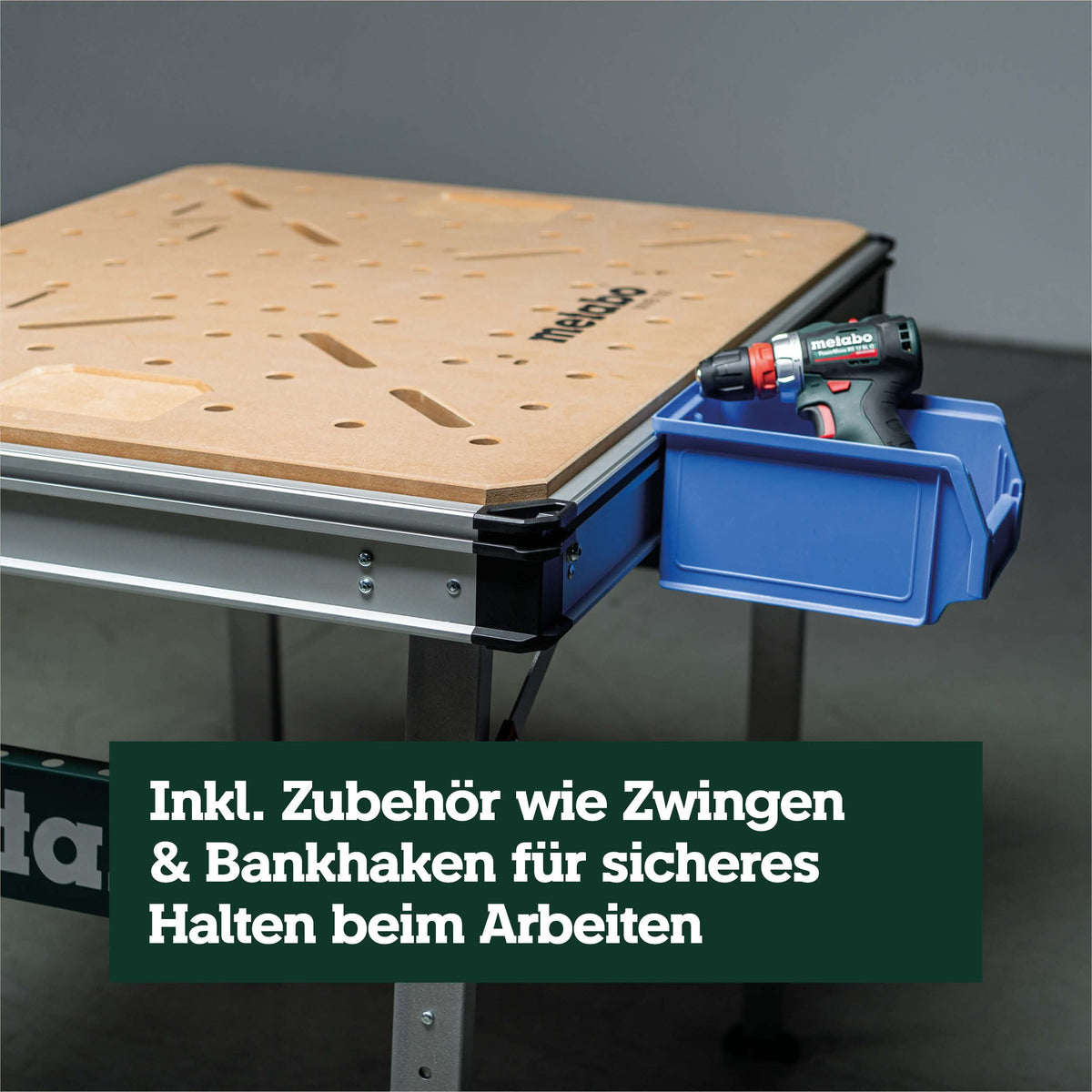 Multifunktionstisch MWB 100, klappbare Werkbank, mobiler Sägebock, 120 kg, inkl. 2 Zwingen und 4 Bankhaken