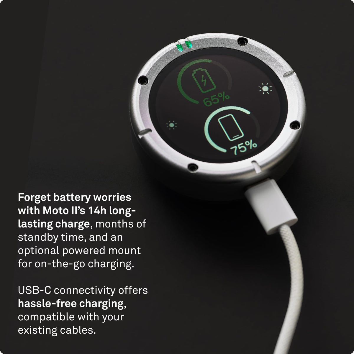 Moto II Motorradnavi, Globalnavigation, Minikartenschnittstelle, 14h Akku, IP67, USB C, Riemenhalterung