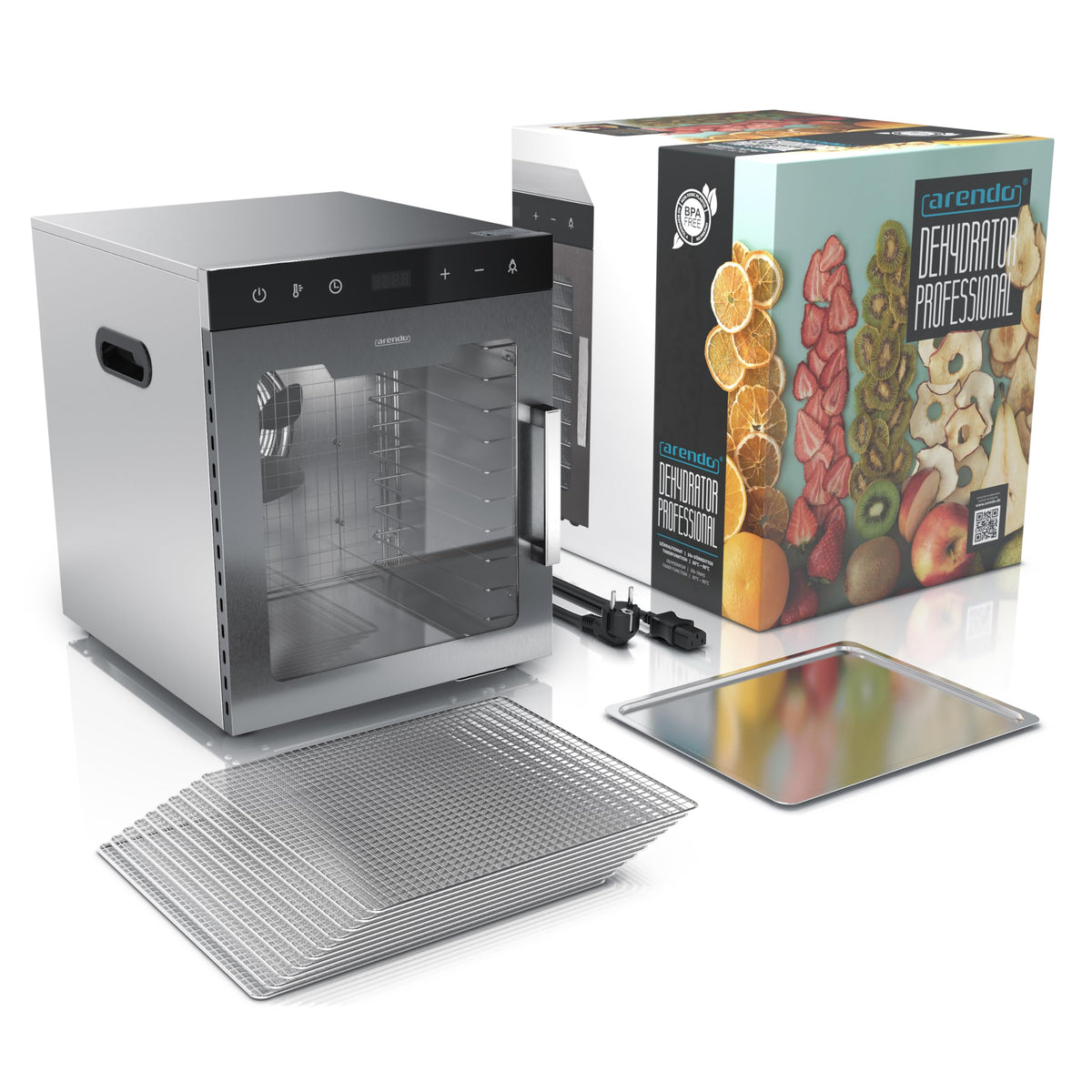 Edelstahl Dörrautomat Dehydrator, 10 Edelstahlgitter, 800 W, 35-85°C, 8400 cm², Obst, Fleisch, Pilze uvm.