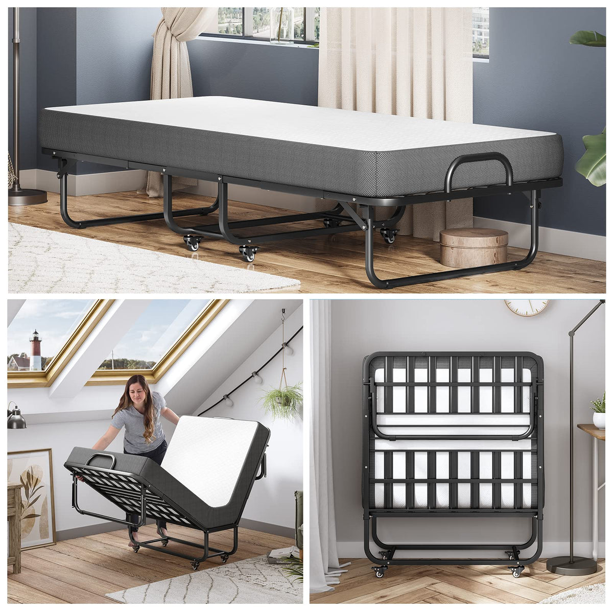 Klappbett 90x200cm Erwachsene mit 13cm Memoryschaum Matratze klappbar Metallrahmen mit Rollen 200kg belastbar