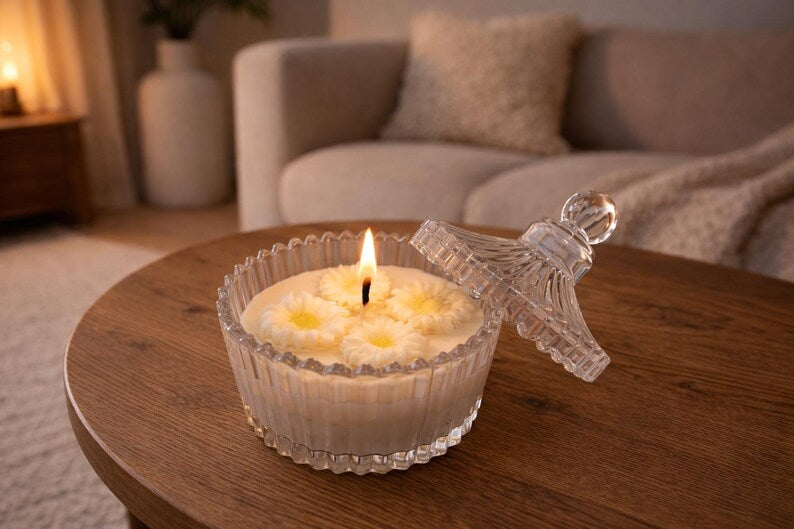 Handgegossene Duftkerze mit Gänseblümchen im Glas mit Deckel, Creme/Weiß, 200g