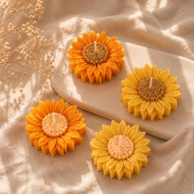 4er Set Sojawachs Sonnenblumen Kerzen, Schwimmkerzen, Sommerdeko