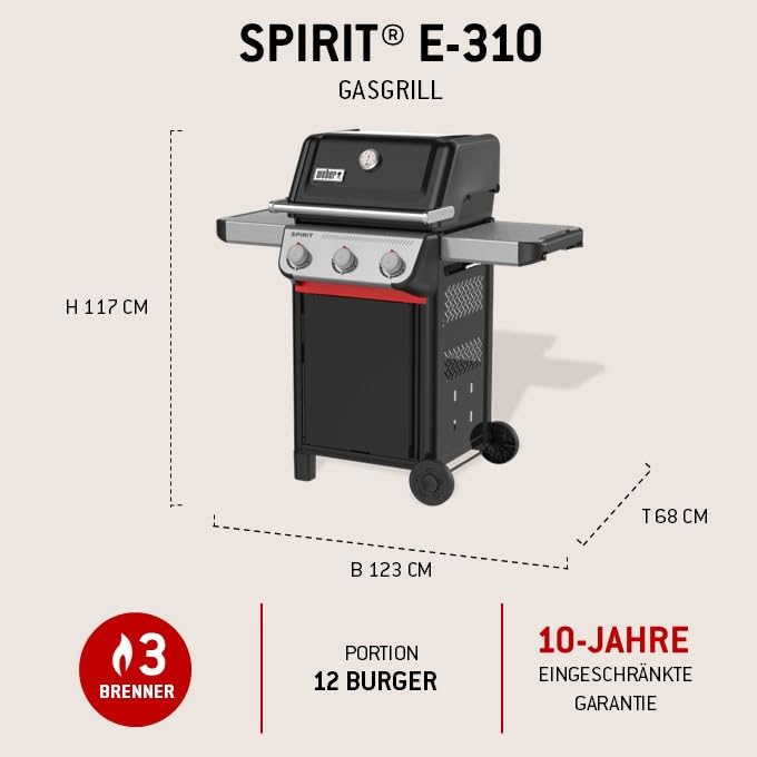 Spirit E310 Gasgrill 3 Brenner SnapJet Zündung Räder Warmhalterost 51x46cm Grillfläche Schwarz Silber