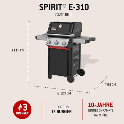 Spirit E310 Gasgrill 3 Brenner SnapJet Zündung Räder Warmhalterost 51x46cm Grillfläche Schwarz Silber