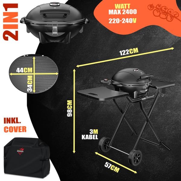 Elektrogrill 2in1 Tischgrill und Standgrill, 2400 W, Thermostat, Antihaftbeschichtung, für innen und außen