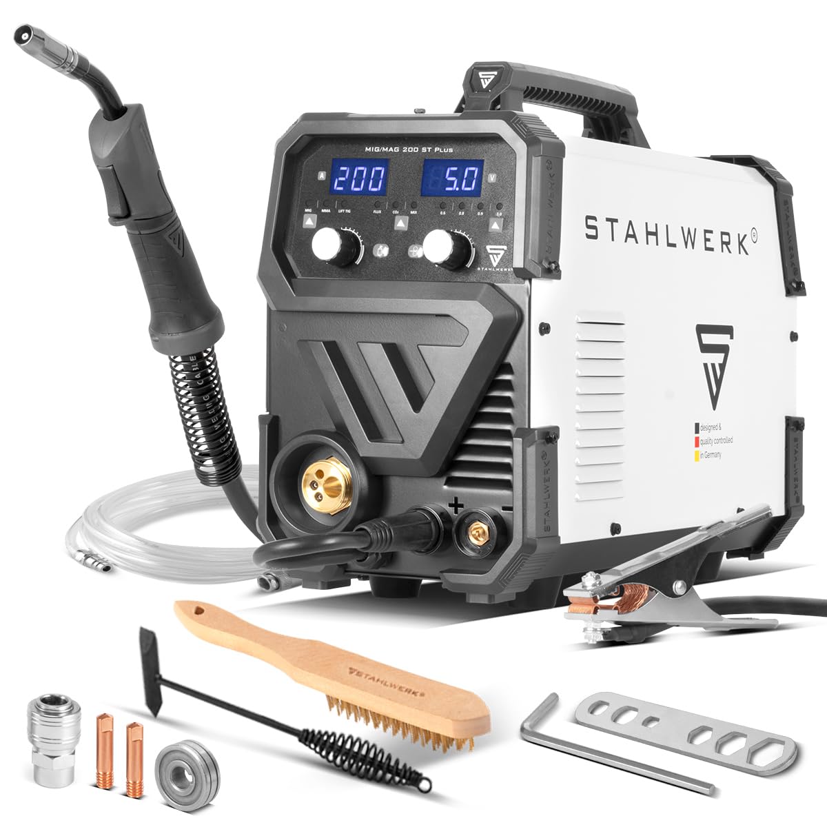 Schutzgasschweißgerät MIG/MAG 200 ST, IGBT Inverter, 200 A, synergischer Drahtvorschub, FLUX, Lift TIG, MMA