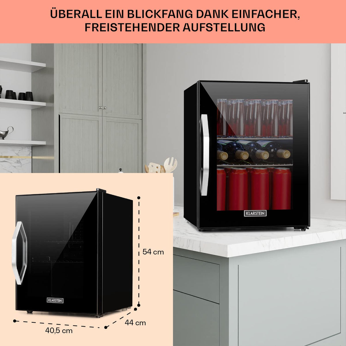 Mini Getränkekühlschrank mit Glastür, 33 Liter, leise, Innen & Außen, verstellbare Ablagen, Energieklasse C