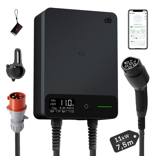 Wallbox 11kW, App, Typ 2 7,5m, 3 Phasen 400V, Schwarz, Kabelhalter, RCD Typ A 30mA AC/6mA DC, IP54, §14a EnWG