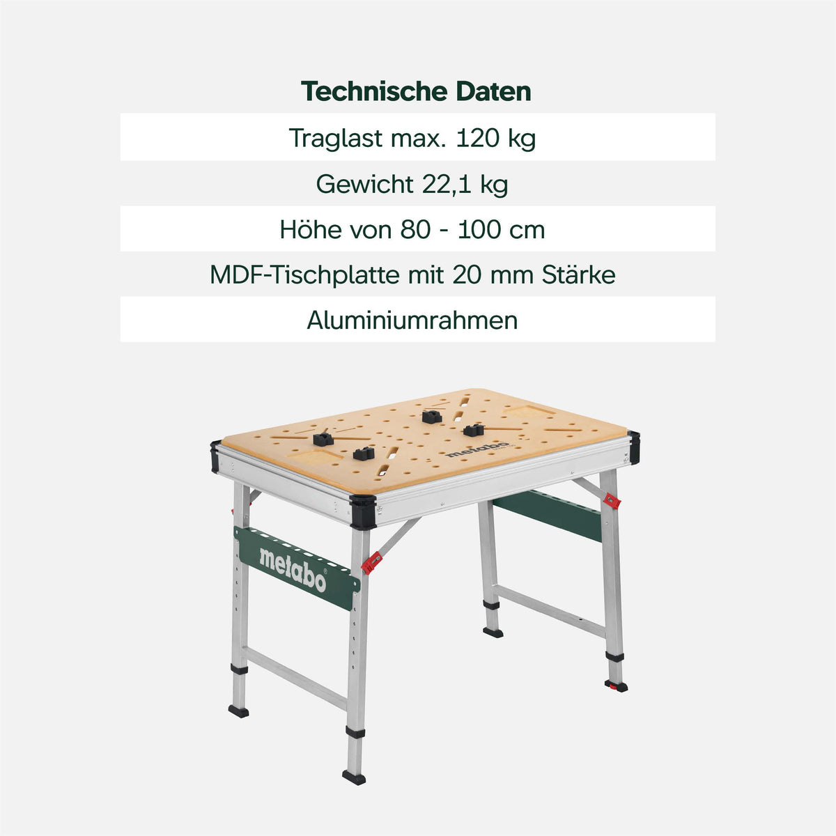 Multifunktionstisch MWB 100, klappbare Werkbank, mobiler Sägebock, 120 kg, inkl. 2 Zwingen und 4 Bankhaken