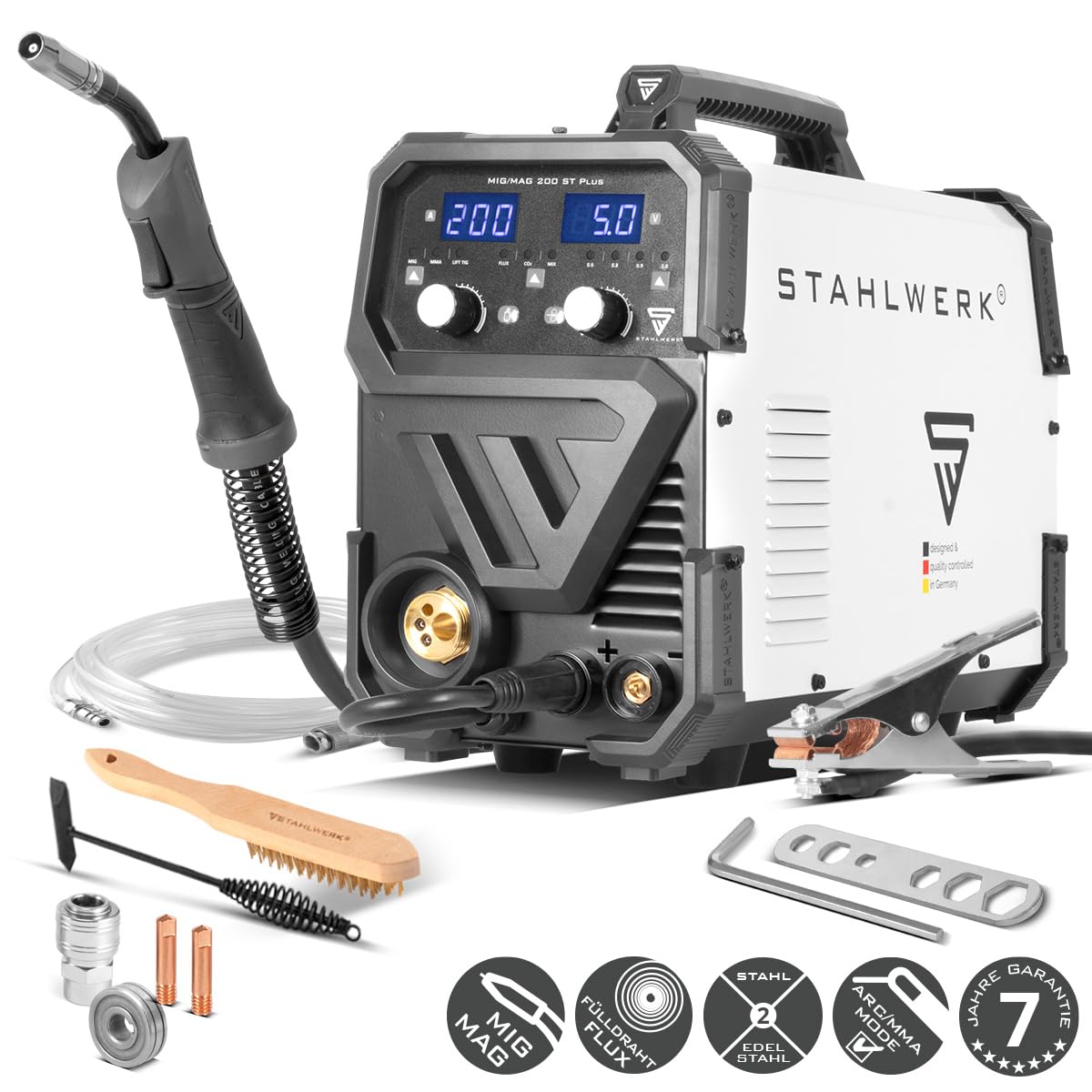 Schutzgasschweißgerät MIG/MAG 200 ST, IGBT Inverter, 200 A, synergischer Drahtvorschub, FLUX, Lift TIG, MMA