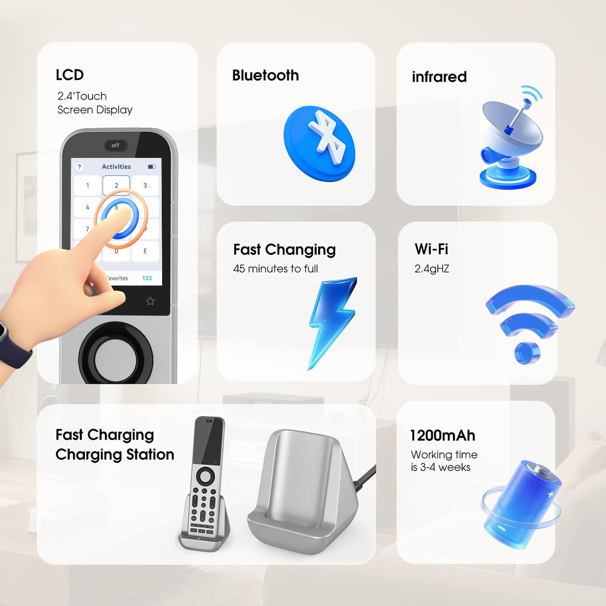 X2 Universal-Fernbedienung, Hub & Ladestation, Touch, Ein-Tasten-Bedienung, für 60 IR/Bluetooth/WLAN-Geräte