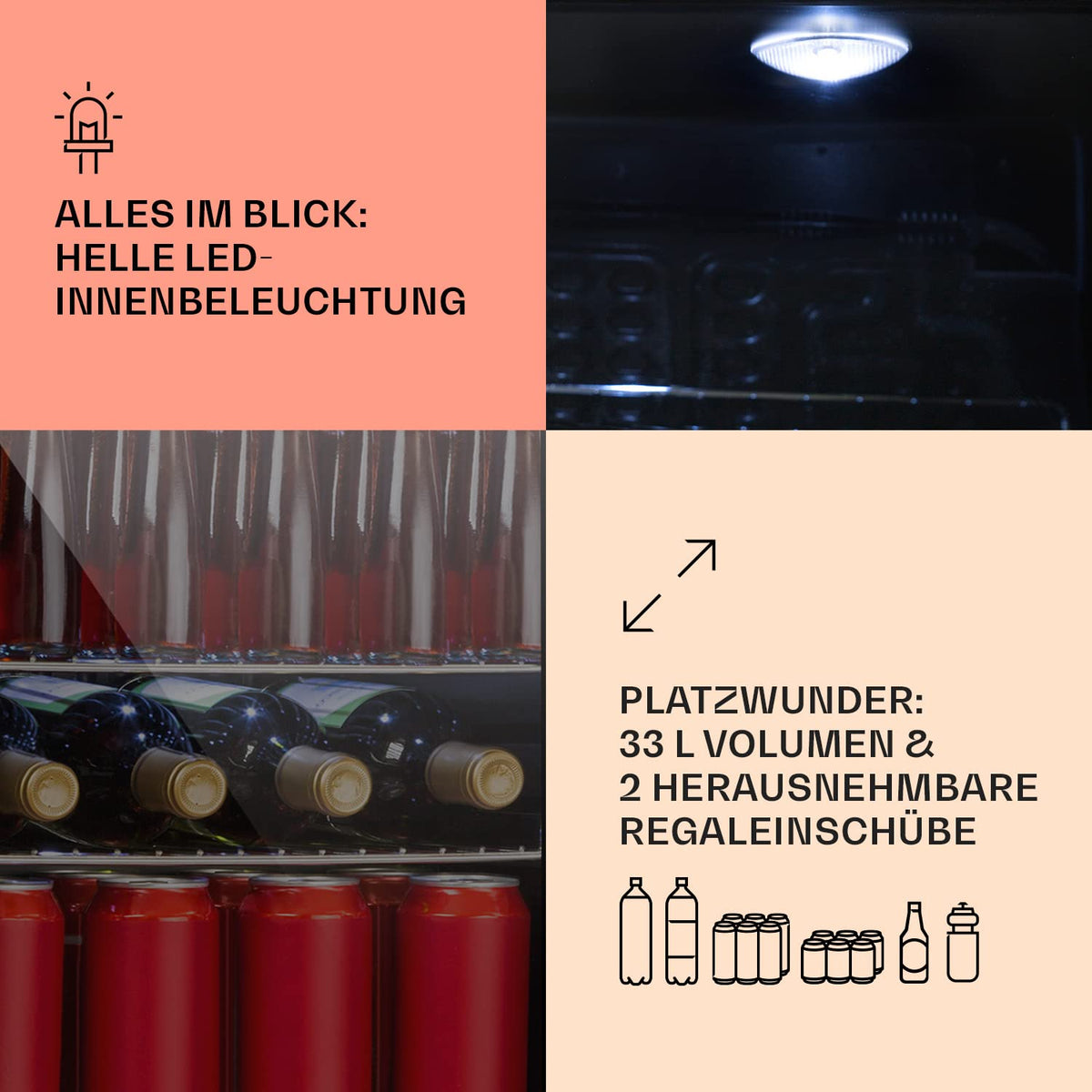Mini Getränkekühlschrank mit Glastür, 33 Liter, leise, Innen & Außen, verstellbare Ablagen, Energieklasse C