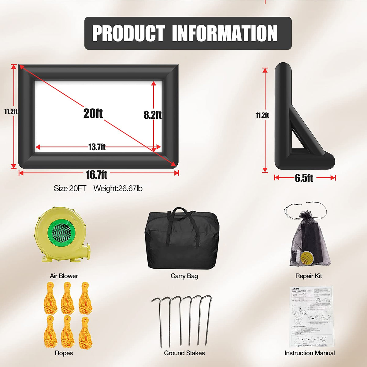 Aufblasbare Beamer Leinwand, Stand und Gebläse, Front und Rückprojektion, Indoor Outdoor tragbar, 16:9, 20 Fuß