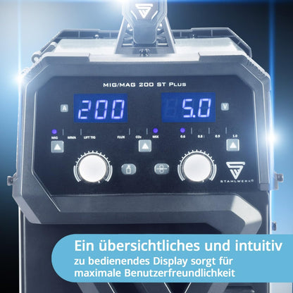 Schutzgasschweißgerät MIG/MAG 200 ST, IGBT Inverter, 200 A, synergischer Drahtvorschub, FLUX, Lift TIG, MMA