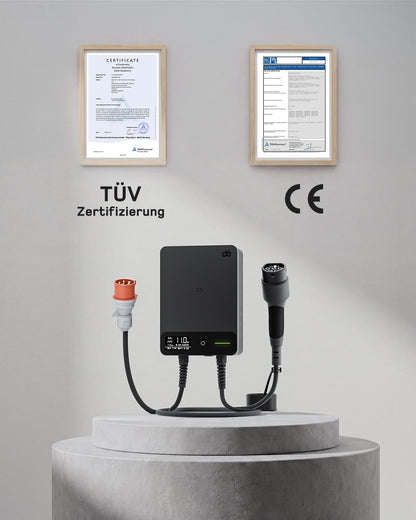 Wallbox 11kW, App, Typ 2 7,5m, 3 Phasen 400V, Schwarz, Kabelhalter, RCD Typ A 30mA AC/6mA DC, IP54, §14a EnWG