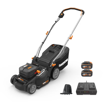 WG737E Nitro Rasenmäher 40V 2x20V bürstenlos 37cm Schnittbreite 6-fach 40L Fangsack mit 2x4Ah Akkus Dual-Lader