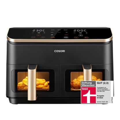 Airfryer, Mit Sichtfenster, 8,5L Heißluftfritteuse 2 Kammern, NTC-Tech für präzise Temperaturkontrolle, Gold