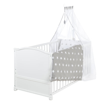 Babybett Set Little Stars 70 x 140 cm mitwachsend umbaubar mit kompletter Textilien Sterne Design höhenverstellbar Holz weiß