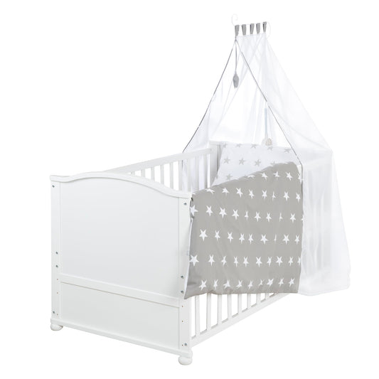 Babybett Set Little Stars 70 x 140 cm mitwachsend umbaubar mit kompletter Textilien Sterne Design höhenverstellbar Holz weiß