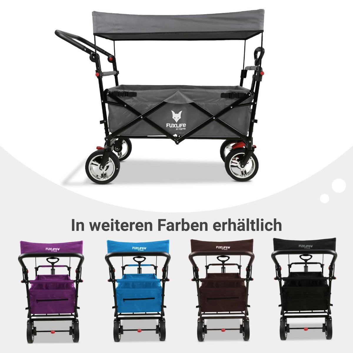 Platzsparender faltbarer Bollerwagen FX-CT700 Grau, Bremsen, Polstersitz, höhenverstellbarer Griff, für Ausflug