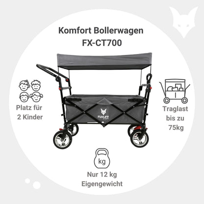 Platzsparender faltbarer Bollerwagen FX-CT700 Grau, Bremsen, Polstersitz, höhenverstellbarer Griff, für Ausflug