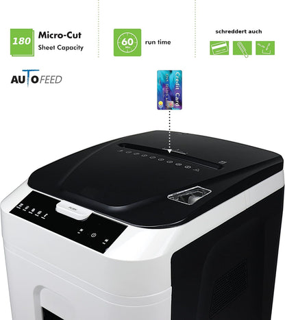 Autofeed P4 Aktenvernichter 180 Blatt Kreuzschnitt Autoabschaltung 58 dB 32 Liter Touchdisplay DSGVO konform