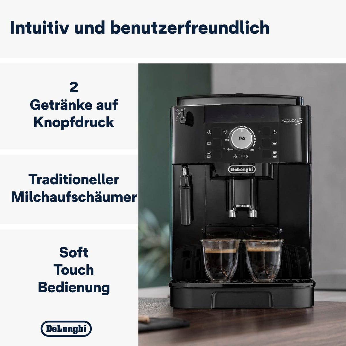 Magnifica S Kaffeevollautomat mit Milchaufschäumer, Espresso und Cappuccino, Bedienfeld, Schwarz ECAM11.112.B