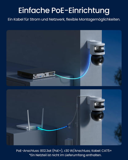 3 Objektiv PoE Außenkamera, OMVI 3i PoE, 10MP 180°, 4K PT Auto Tracking, KI Suche, Perimeter, Farb & IR, 24/7