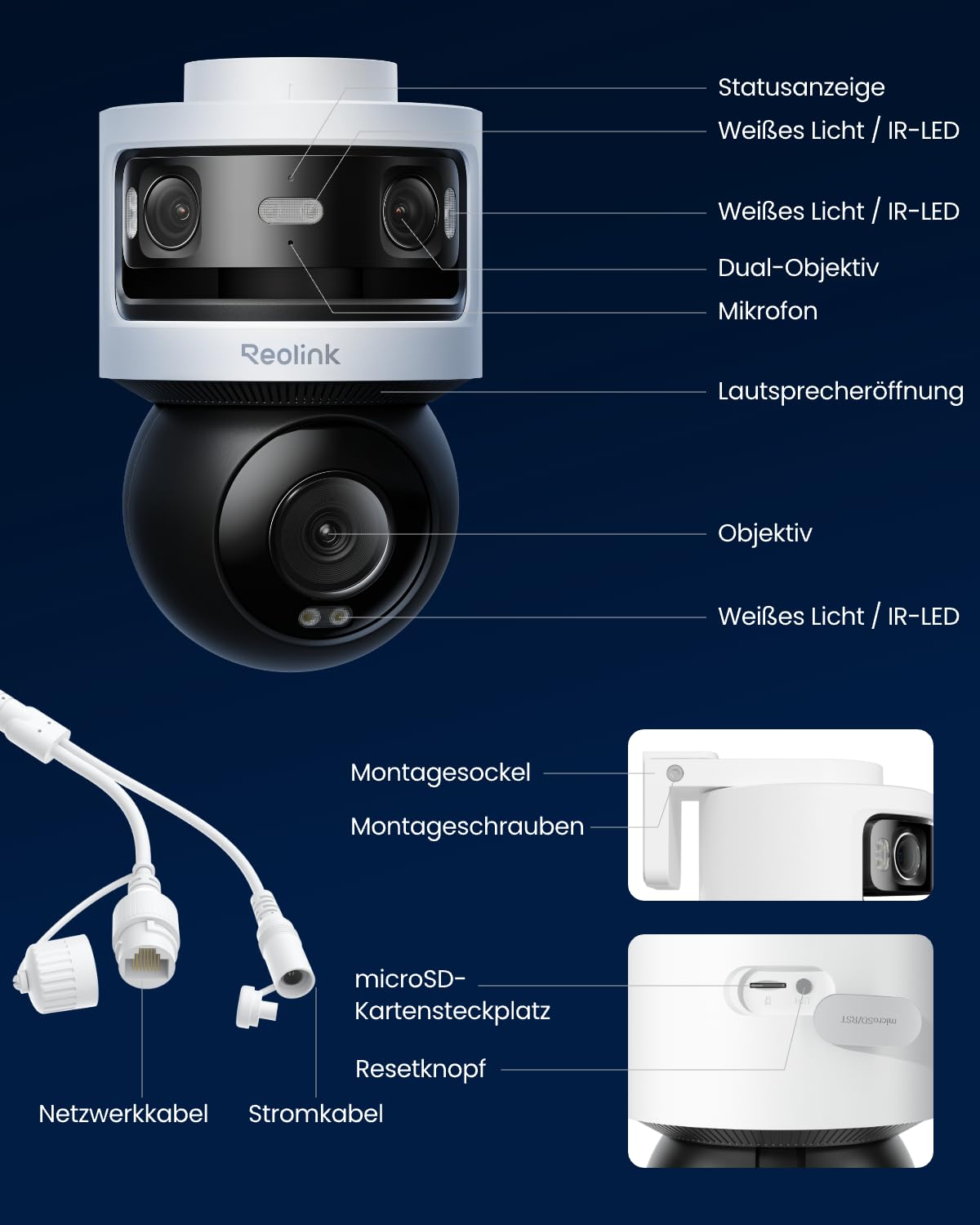 3 Objektiv PoE Außenkamera, OMVI 3i PoE, 10MP 180°, 4K PT Auto Tracking, KI Suche, Perimeter, Farb & IR, 24/7