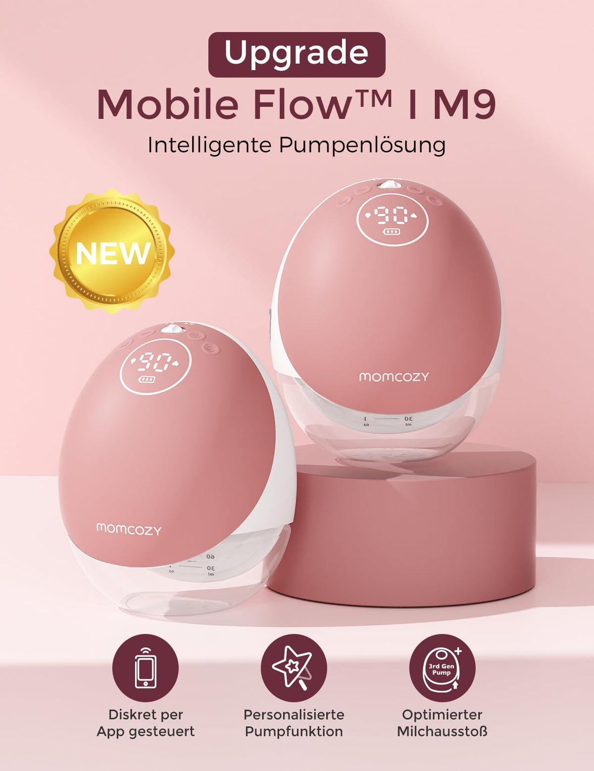 M9 Mobile Flow Elektro-Milchpumpe, handsfree, 2er-Pack rot, App-Steuerung, 15 Stufen, 24 mm Brusthaube, 150 ml