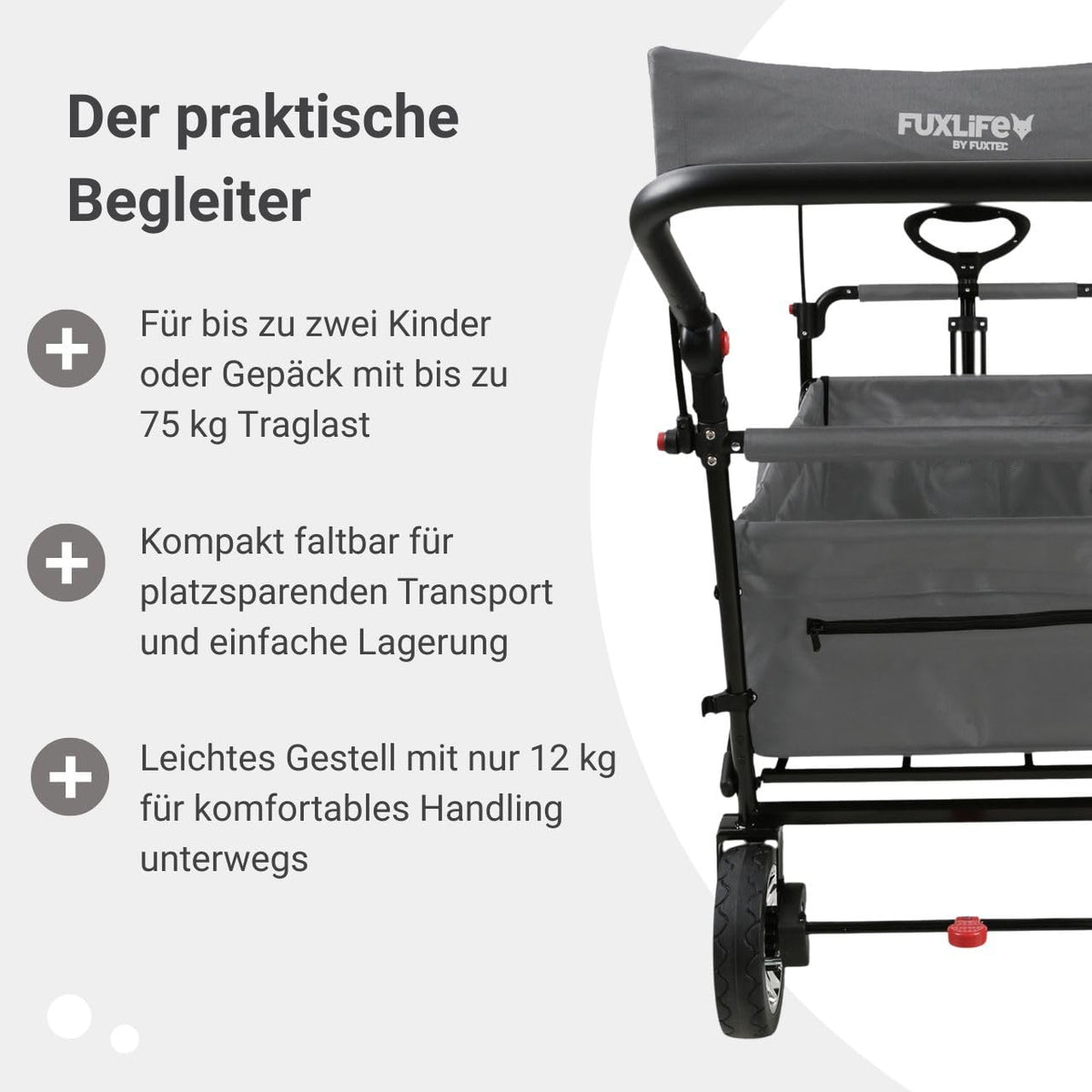 Platzsparender faltbarer Bollerwagen FX-CT700 Grau, Bremsen, Polstersitz, höhenverstellbarer Griff, für Ausflug