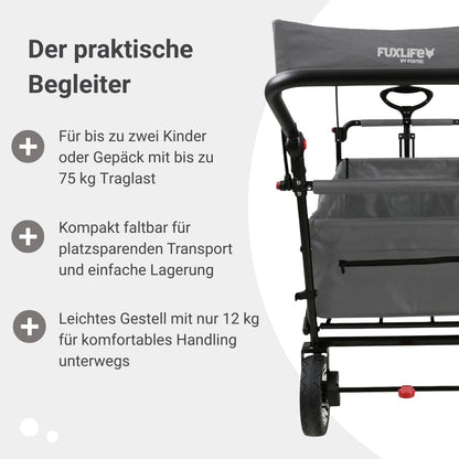 Platzsparender faltbarer Bollerwagen FX-CT700 Grau, Bremsen, Polstersitz, höhenverstellbarer Griff, für Ausflug