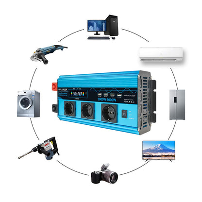 Reiner Sinus Wechselrichter Spannungswandler 3000W 6000W 12V 230V 3 EU Steckdosen 4 USB LCD Spannungsanzeige