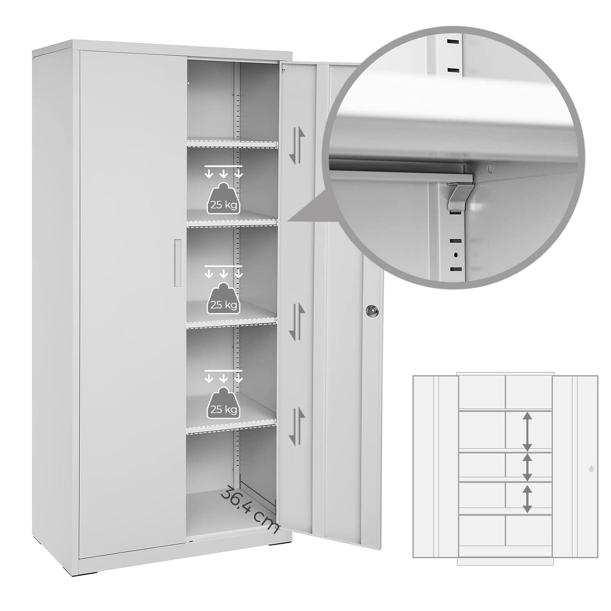 Aktenschrank mit Doppeltüren und Schloss mit 5 Ebenen und verstellbaren Ablagen 80 x 40 x 180 cm