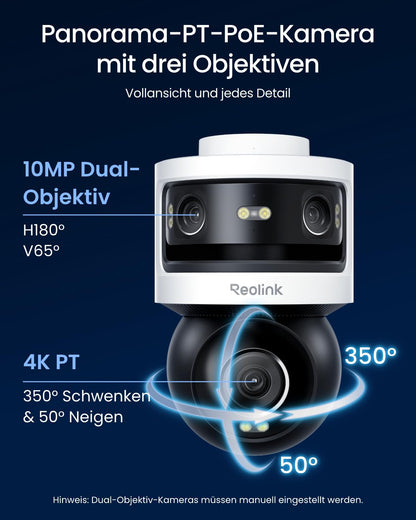 3 Objektiv PoE Außenkamera, OMVI 3i PoE, 10MP 180°, 4K PT Auto Tracking, KI Suche, Perimeter, Farb & IR, 24/7
