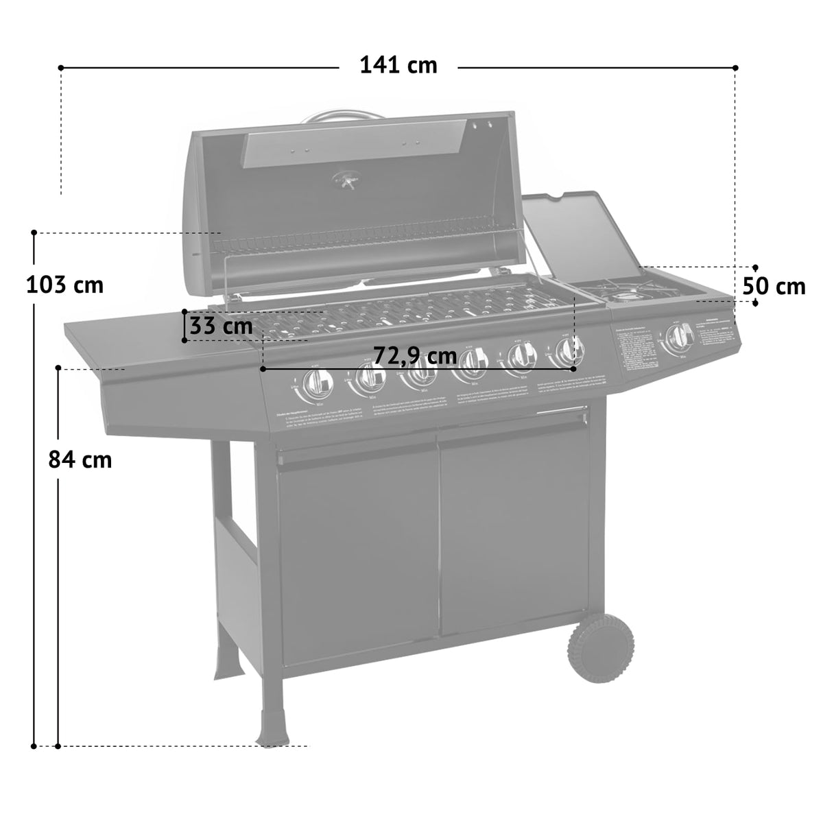 Basic 6 plus 1 BBQ Gasgrill Grillwagen mit Edelstahlbrenner und Seitenkocher für Garten und Terrasse
