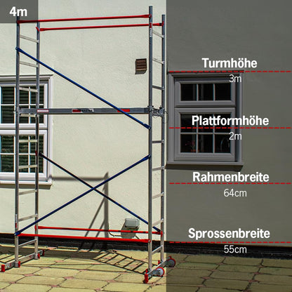 Heimwerken Gerüstturm fahrbares Arbeitsgerüst schnelle Montage Aluminium Arbeitsbühne 4 Meter