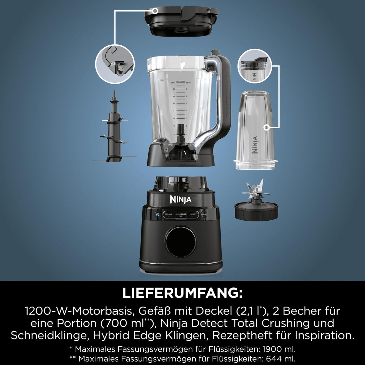 2 in 1 Detect Mixer Pro, 1200W, Krug, 2x Single Serve Tassen, Smoothies, Gemüse hacken, Frozen Drinks, TB301EU