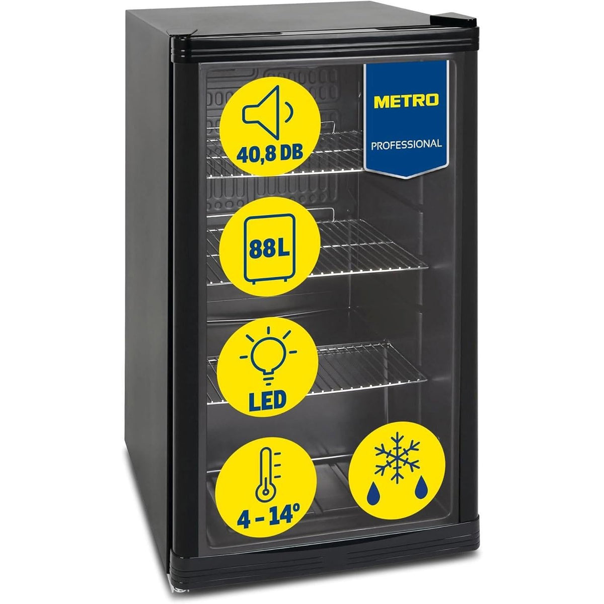 Mini Kühlschrank GPC1088 88L 1.052kWh/24h 3 Edelstahlböden reversible Glastür 39dB LED Energieklasse D
