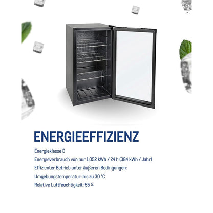 Mini Kühlschrank GPC1088 88L 1.052kWh/24h 3 Edelstahlböden reversible Glastür 39dB LED Energieklasse D