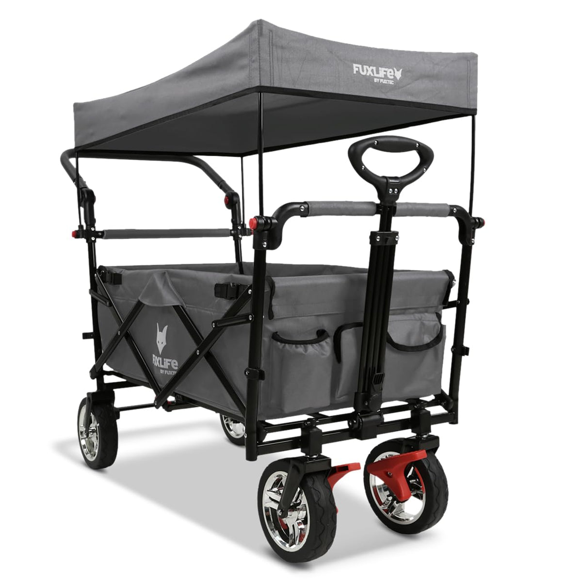 Platzsparender faltbarer Bollerwagen FX-CT700 Grau, Bremsen, Polstersitz, höhenverstellbarer Griff, für Ausflug