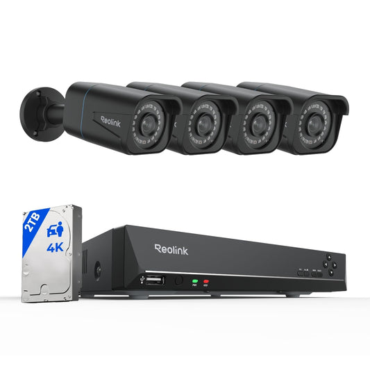 4K PoE Außen Set, 8CH NVR 2TB, 4x 8MP IP, Personen und Fahrzeugerkennung, 24/7 Innen/Außen, RLK8 800B4 Schwarz