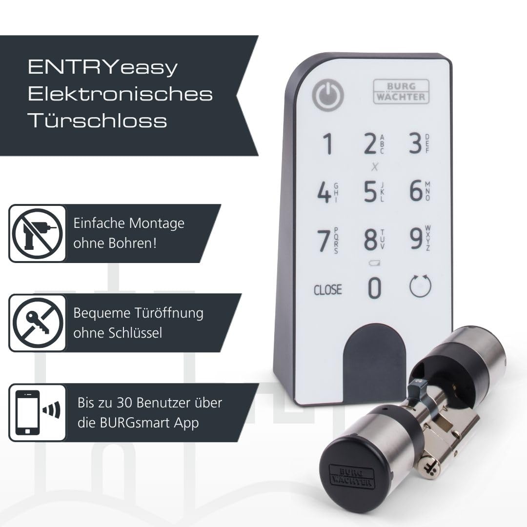 Elektronisches Türschloss ENTRYeasy 7601 PIN Zylinder Tastenfeld App Pincode Funkschlüssel Schwarz Edelstahl