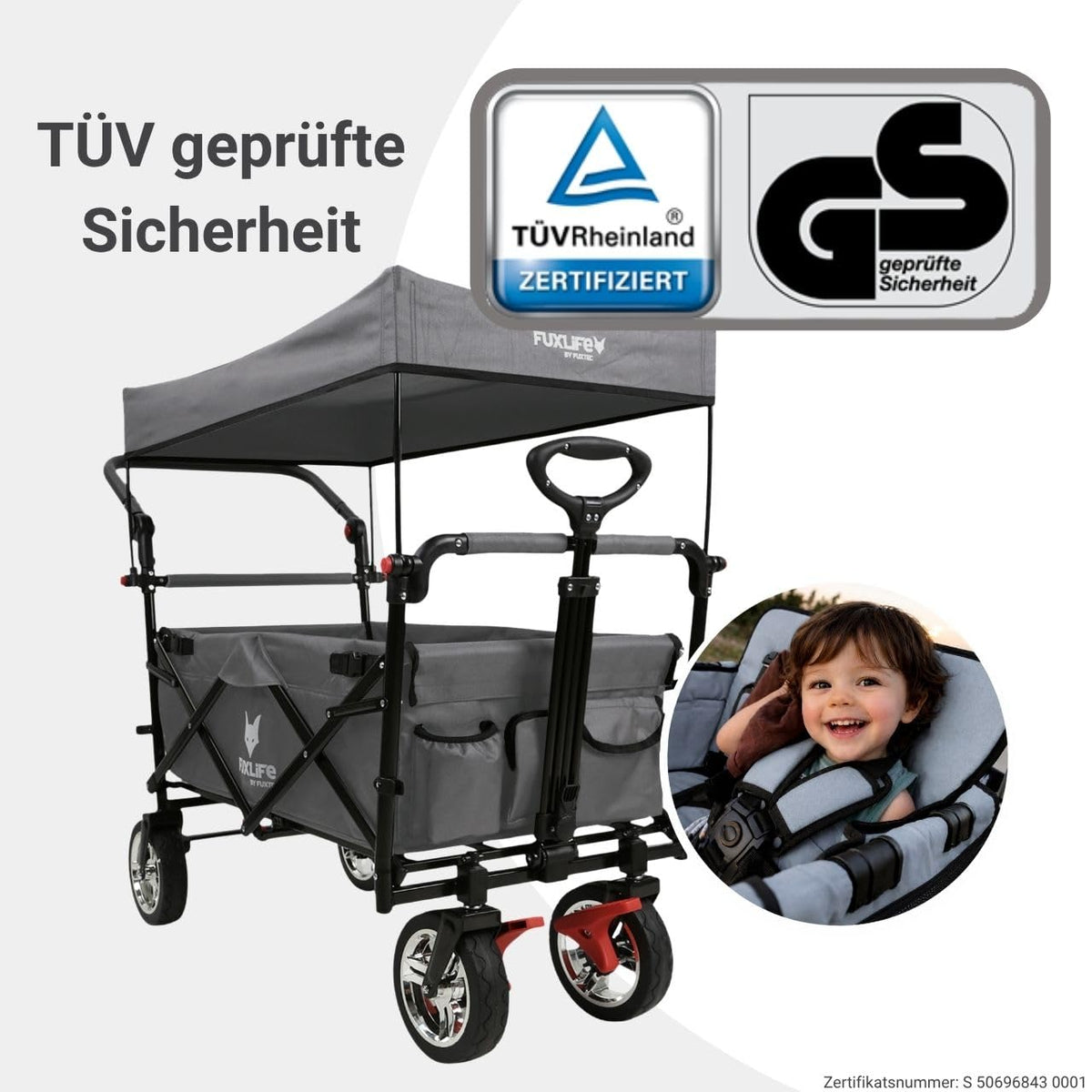 Platzsparender faltbarer Bollerwagen FX-CT700 Grau, Bremsen, Polstersitz, höhenverstellbarer Griff, für Ausflug
