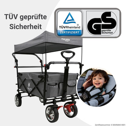 Platzsparender faltbarer Bollerwagen FX-CT700 Grau, Bremsen, Polstersitz, höhenverstellbarer Griff, für Ausflug