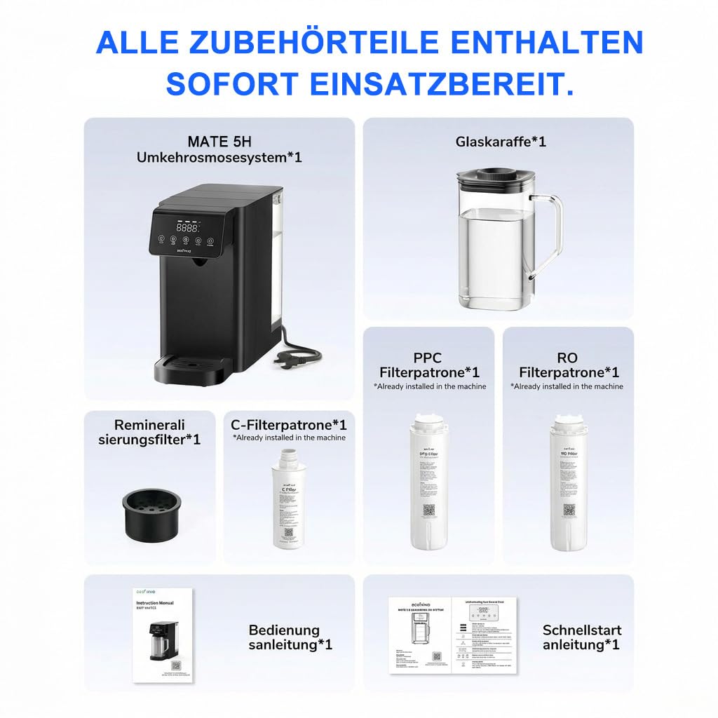 UV RO Tischwasserfilter 8 Stufen mit Heißwasserspender TDS Monitor ohne Installation für Büro Camping zu Hause