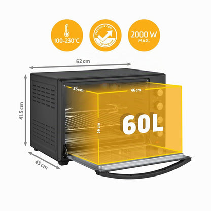 Minibackofen 60L 2000W Pizzaofen 230°C 6 Modi 60 Min Timer 4 Einschubhöhen Backblech Grillrost Drehspieß A++