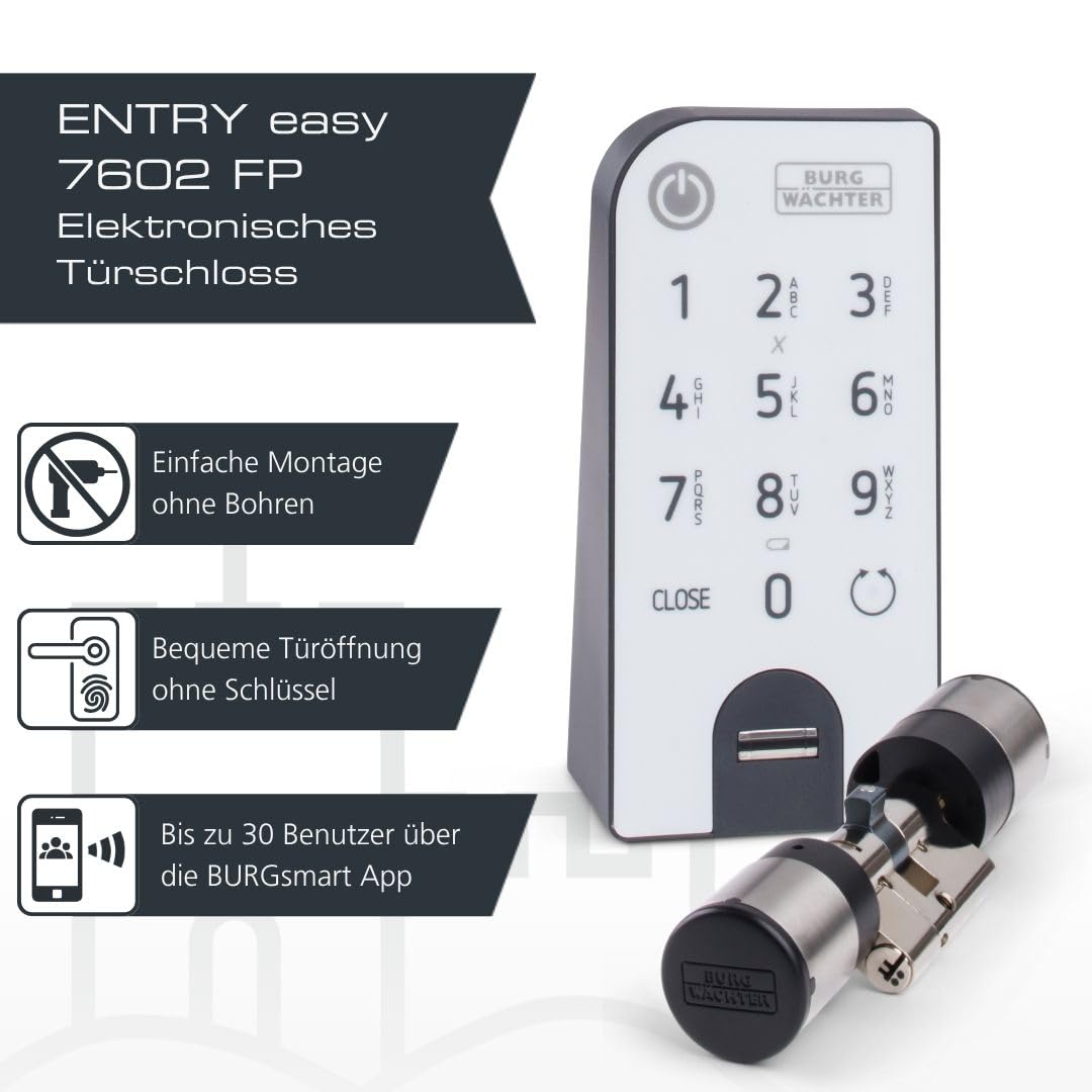 Elektronisches Türschloss ENTRYeasy 7602 FP Zylinder Keypad App Fingerprint Pincode Funkschlüssel Edelstahl